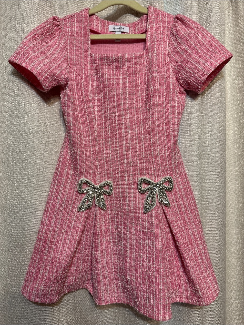 Speechless Pink Tweed Dress with Crystal Bow Details